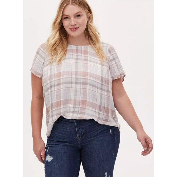 Torrid Abbey - Light Pink & Light Grey Plaid Woven Button Back Blouse Sz 5 (5X) - Picture 1 of 10